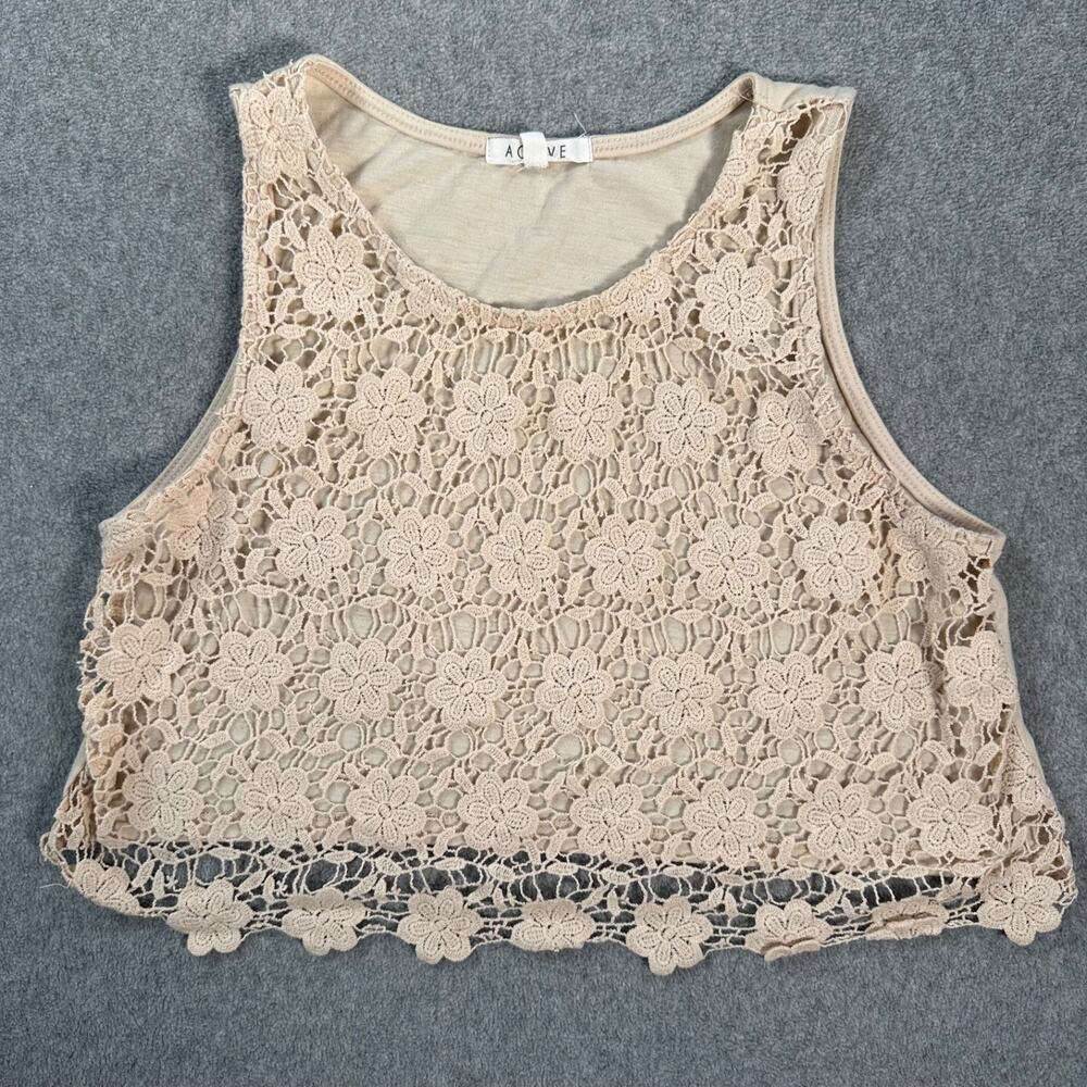 Active Lace Overlay Crop Tank Top Size Large Beige Sleeveless Flowers Boho